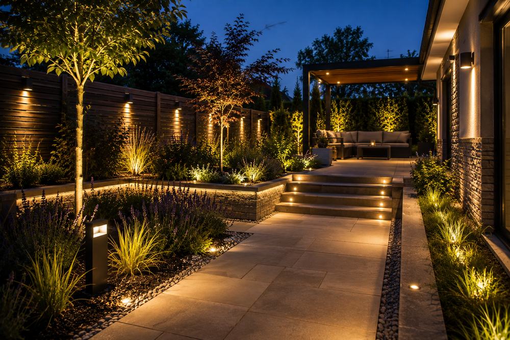 Beleuchteter Garten am Abend