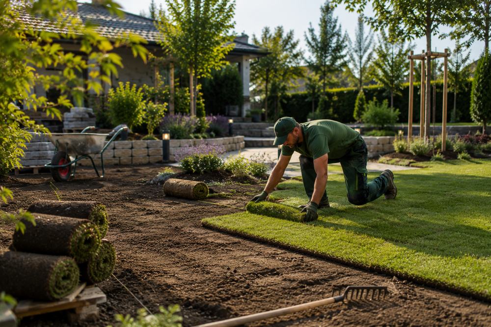 Rollrasen wird im Garten verlegt