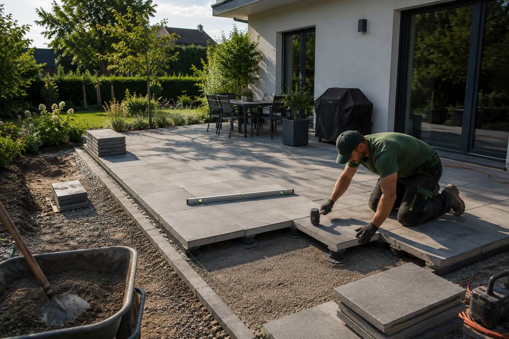 Terrasse wird auf Stelzlagern verlegt