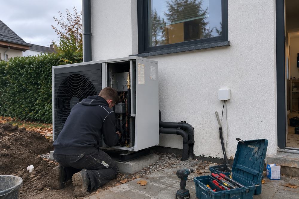 Wärmepumpe wird an der Hauswand montiert