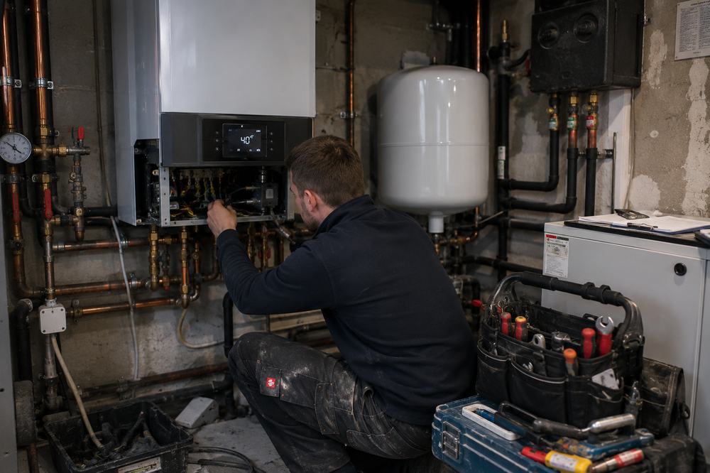 Techniker wartet eine Heizungsanlage