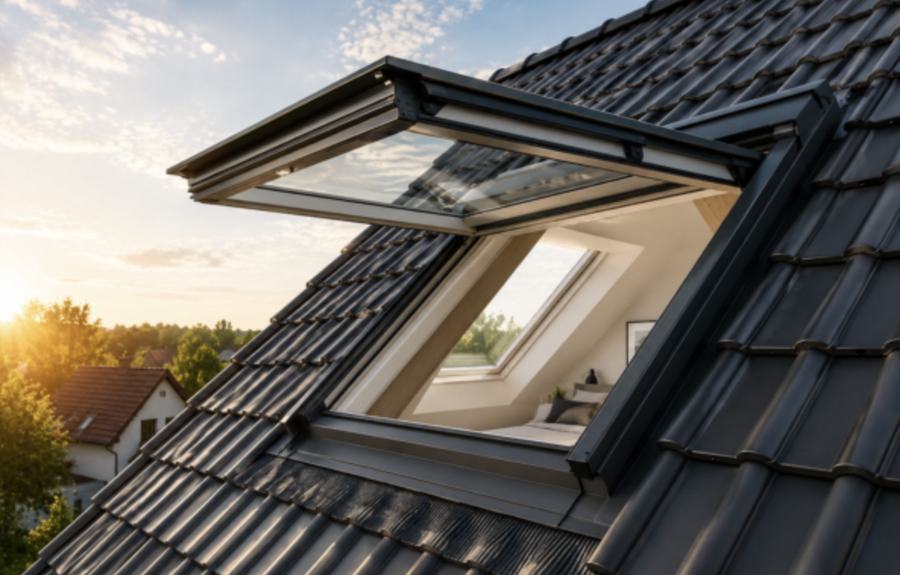 Geöffnetes Dachfenster mit Blick ins Zimmer