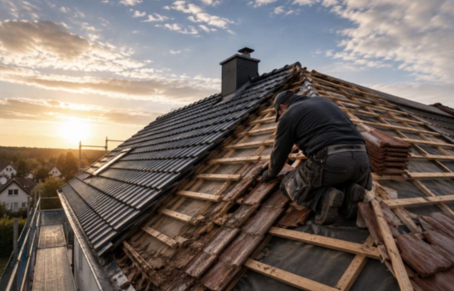 Dachsanierung – alte Ziegel werden abgenommen