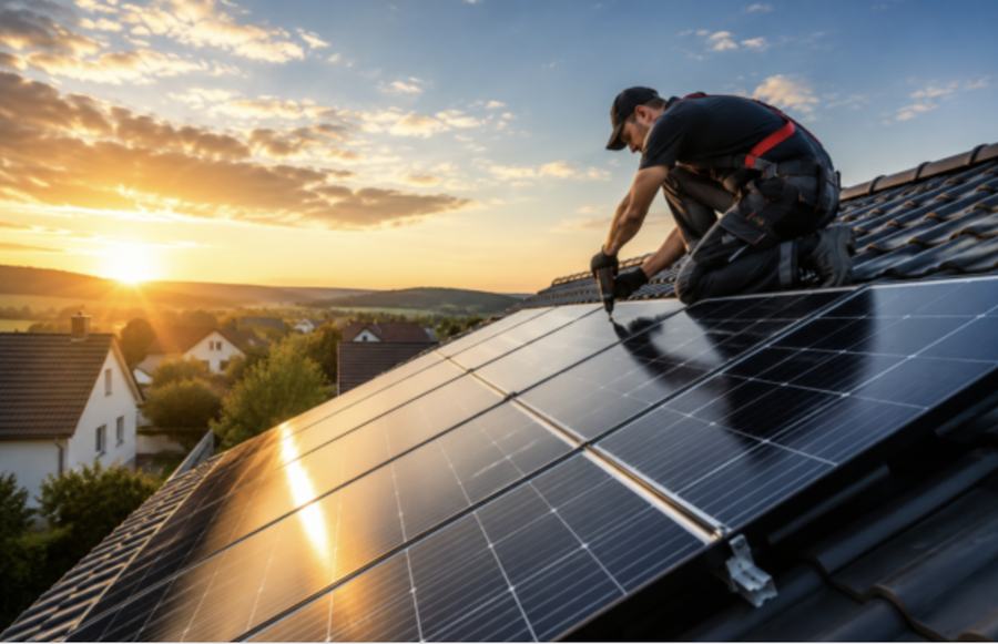 Monteur installiert Solarmodule auf dem Dach