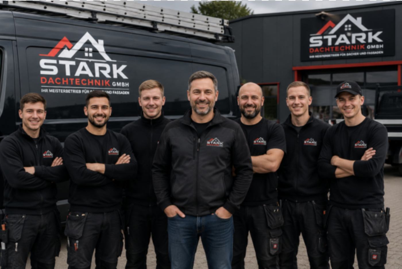 Team von Stark Dachtechnik GmbH vor dem Firmenwagen