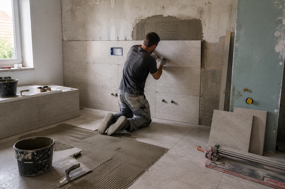 Badsanierung mit Wandfliesen im Rohbau