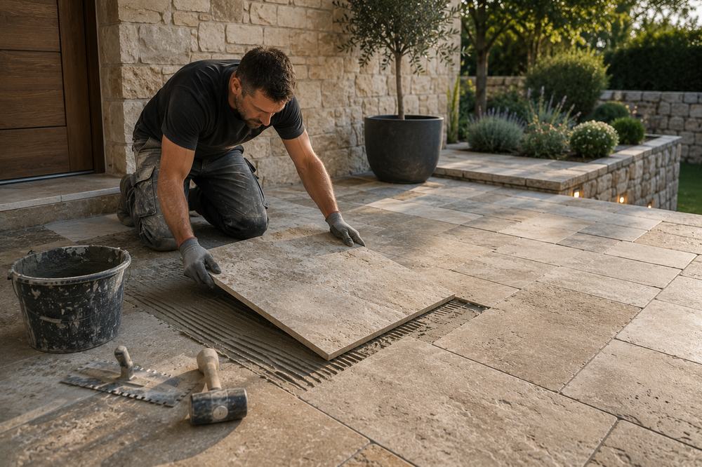 Natursteinplatten werden auf einer Terrasse verlegt