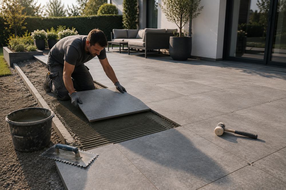 Terrassenfliesen werden im Außenbereich verlegt